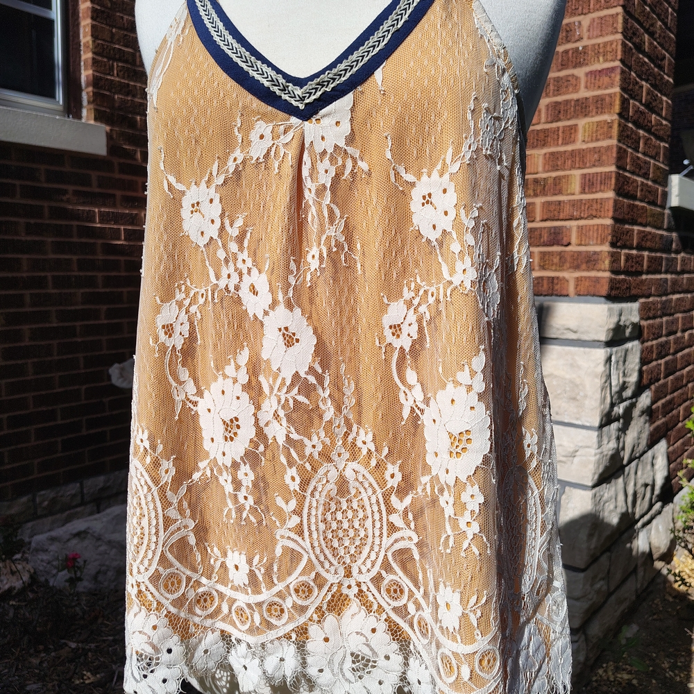 Elegant Lace Overlay Mustard Yellow and White Women's Top
